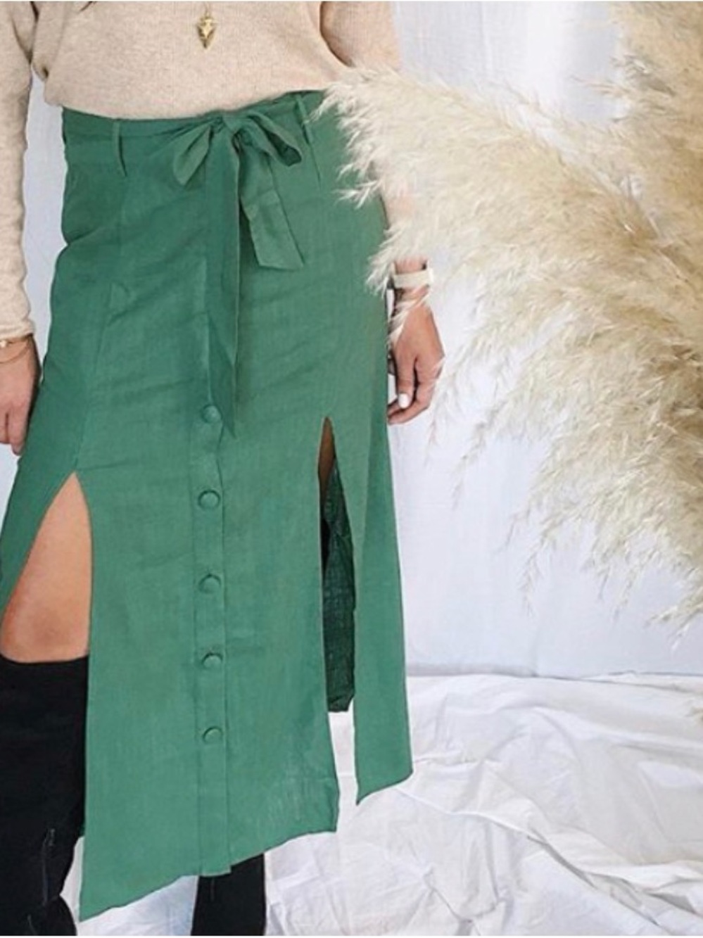 Gilli Green Button-Front High-Low Midi Skirt with Tie Waist